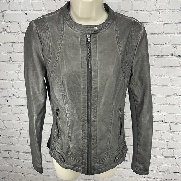 Sebby Jackets & Blazers - Sebby Collection Grey Faux Leather Moto Knit Sides Stretch Jacket Size Small S